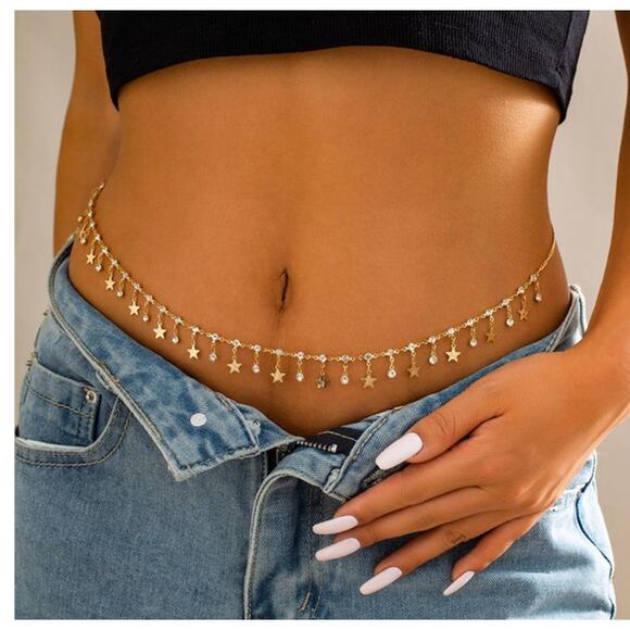 2/$30 Belly Chain Waist Chain Gold Tone NEW Stars Rhinestones - Picture 6 of 6